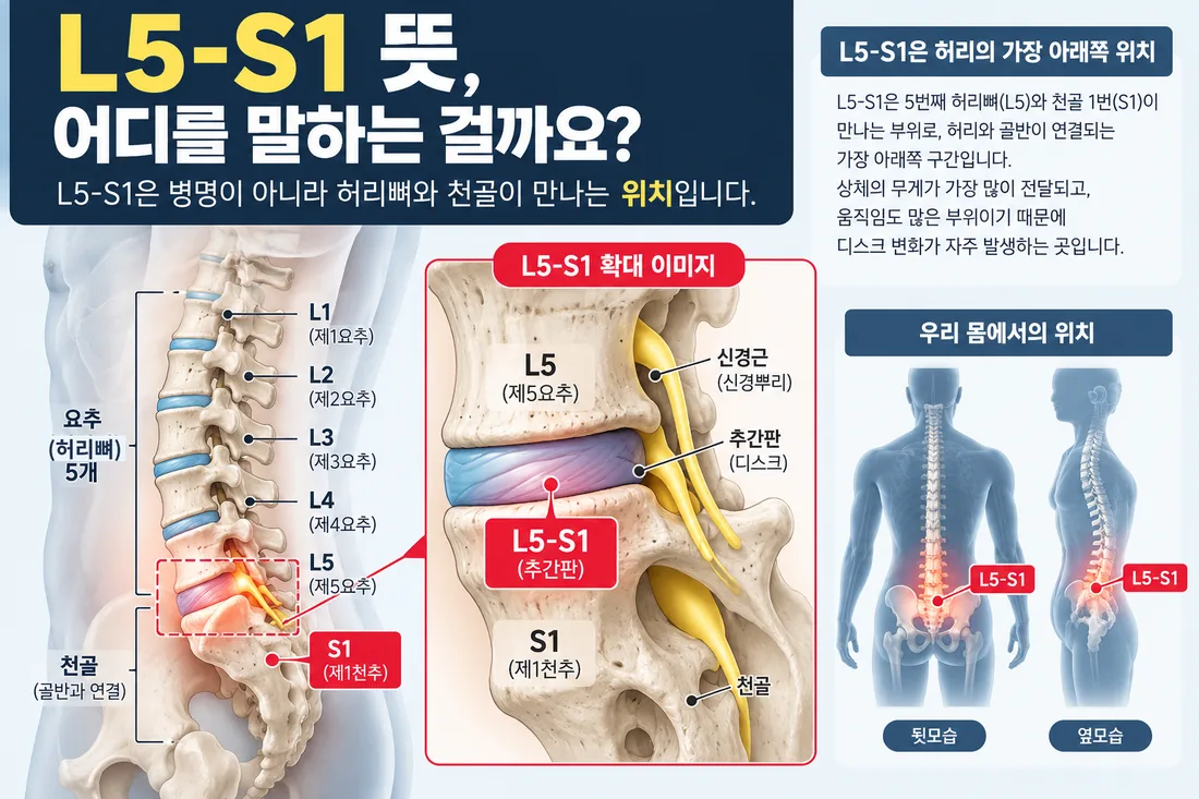 L5-S1 위치를 요추 옆모습, 확대 그림, 몸 앞뒤 그림으로 보여주는 인포그래픽