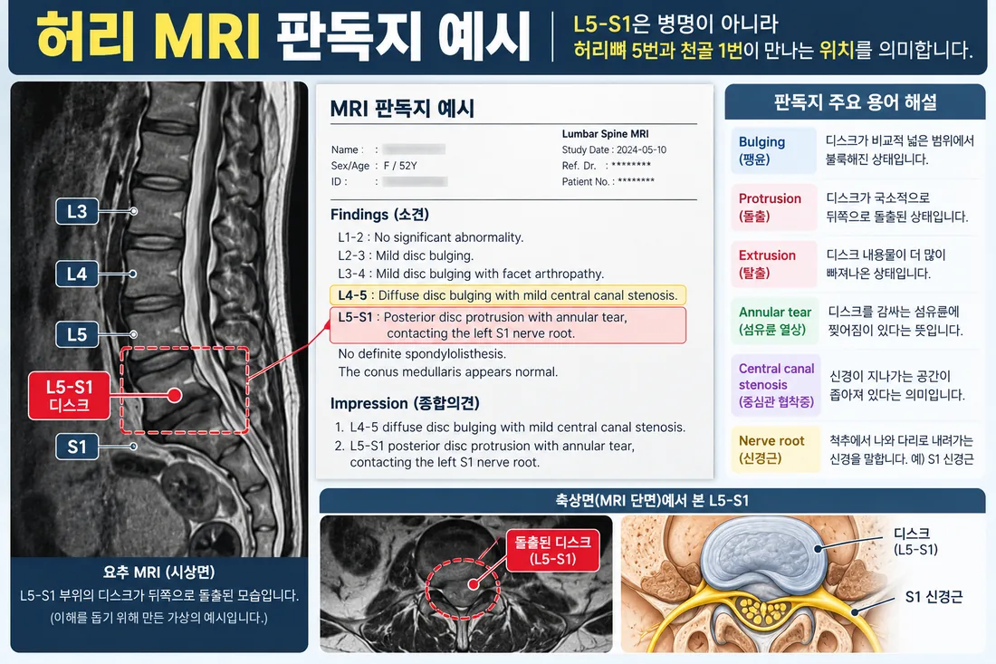 허리 MRI 시상면 사진과 판독지 예시, 판독 용어 해설