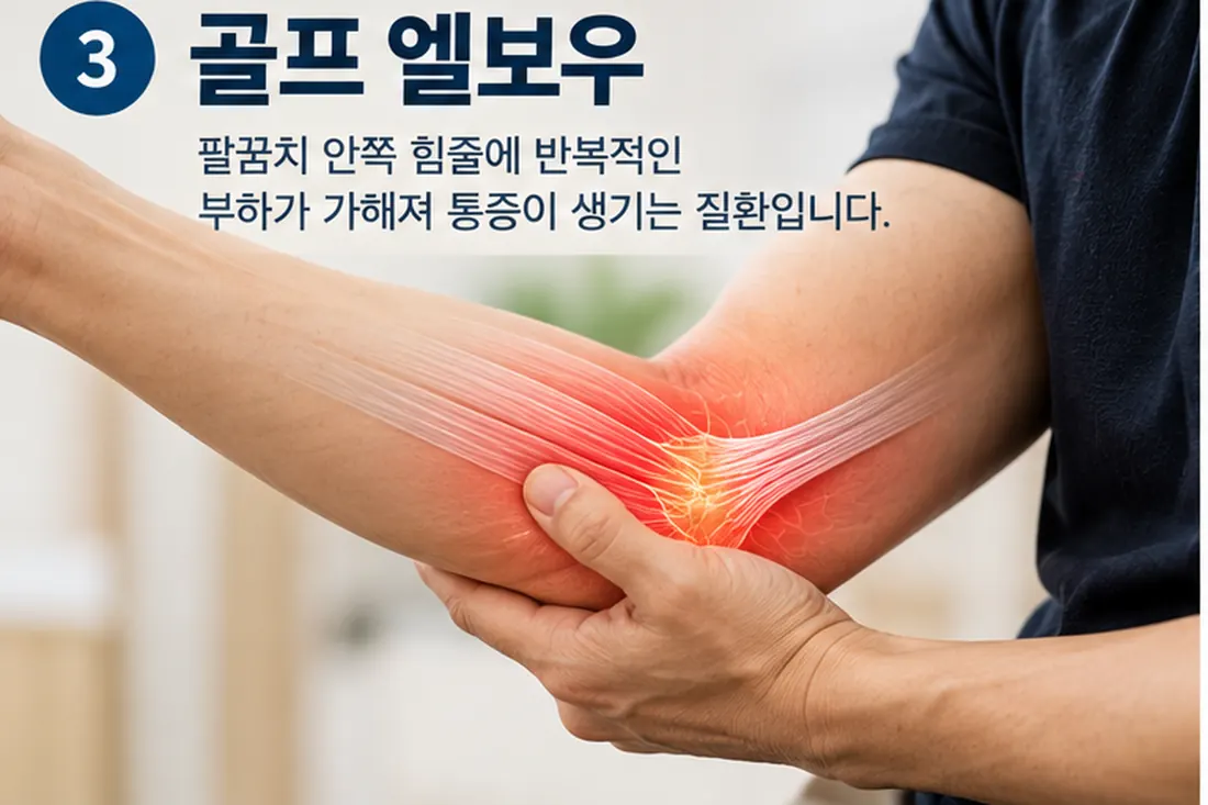 골프 엘보 — 팔꿈치 안쪽 힘줄의 통증 부위