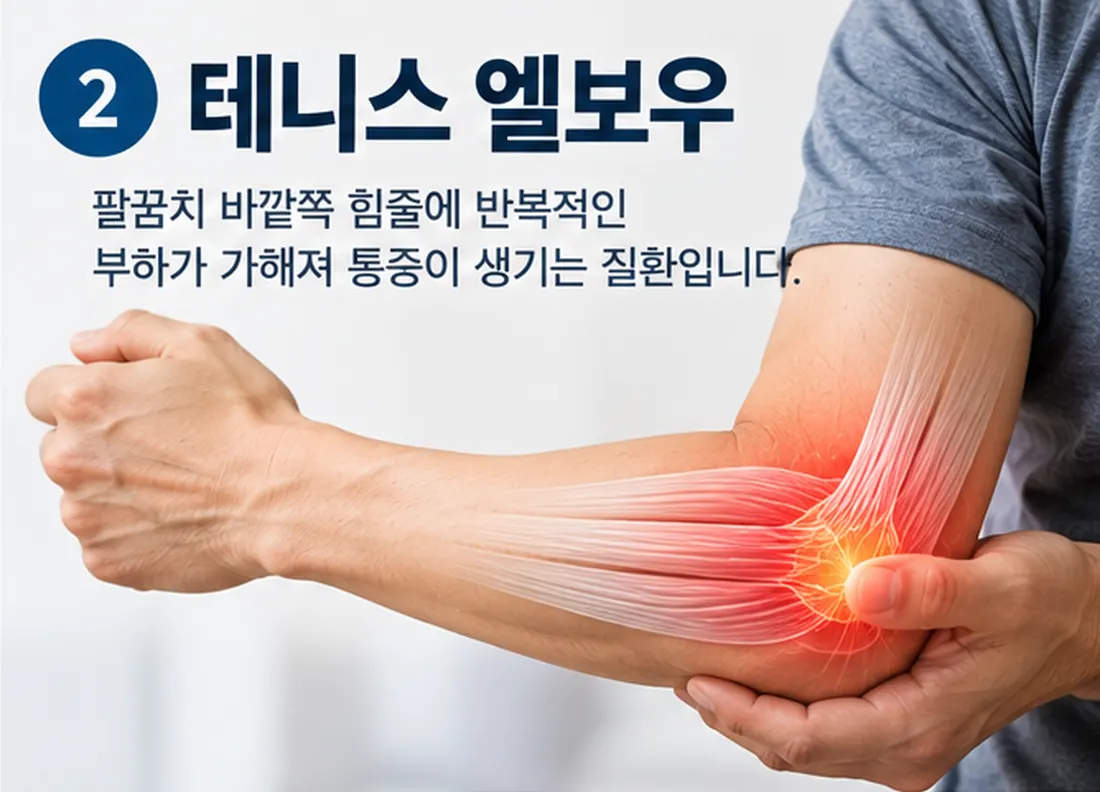 테니스 엘보 — 팔꿈치 바깥쪽 힘줄의 통증 부위